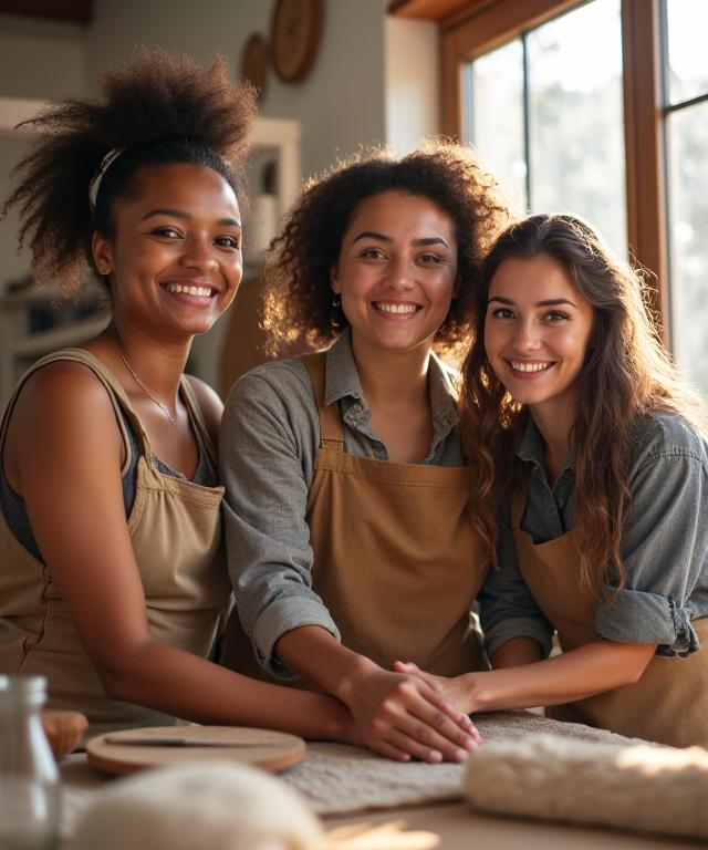 A friendly portrait of the diverse Southern Weave Textiles team in their sunlit workshop.