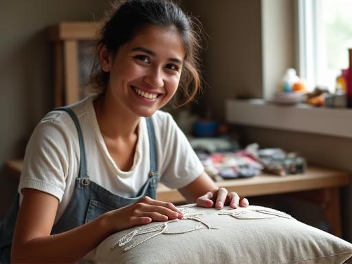 A smiling artisan finishing an embroidered cushion in a well-lit workshop.